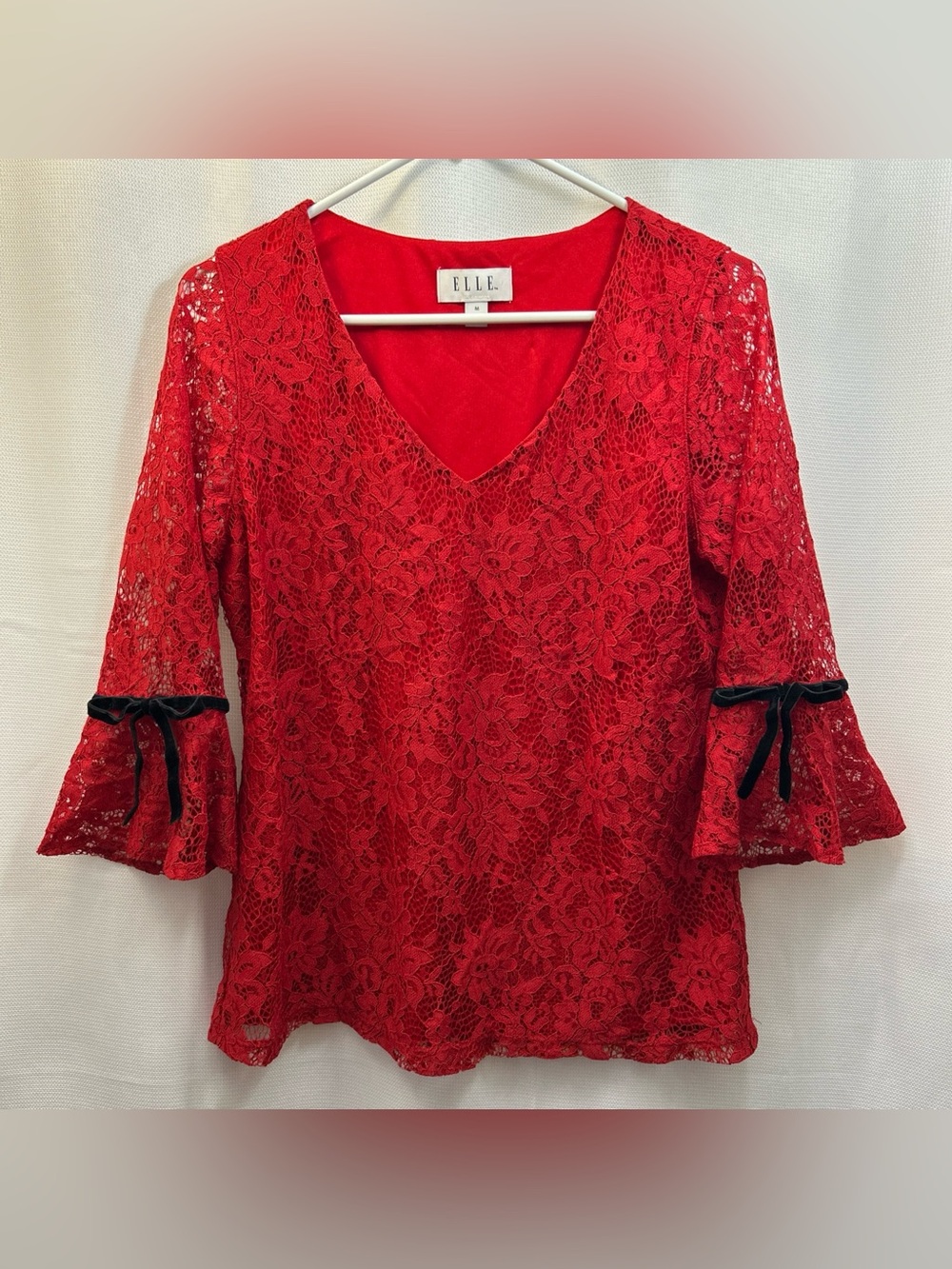 Elle Red Floral Lace V-Neck Bell Sleeve Blouse with Black Ribbon